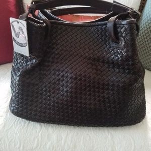 Valentina woven leather dark brown handbag